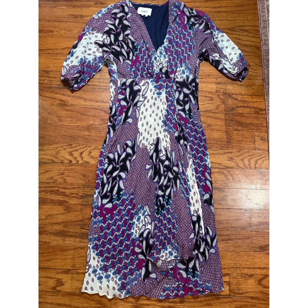 Ba&sh Lady Dress Violet Paisley Silk Blend Midi Wrap Dress Size 1 S US 4